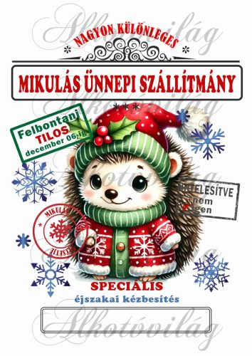 Mikulászsák cuki, nagy szemű sündisznó karácsonyi ruhában - december 06-ra