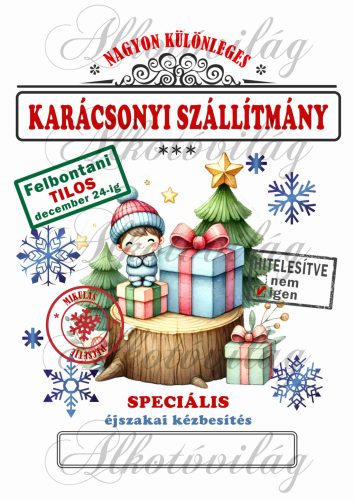 Mikulászsák karácsonyi ajándékok farönkön karácsonyfákkal - december 24-re